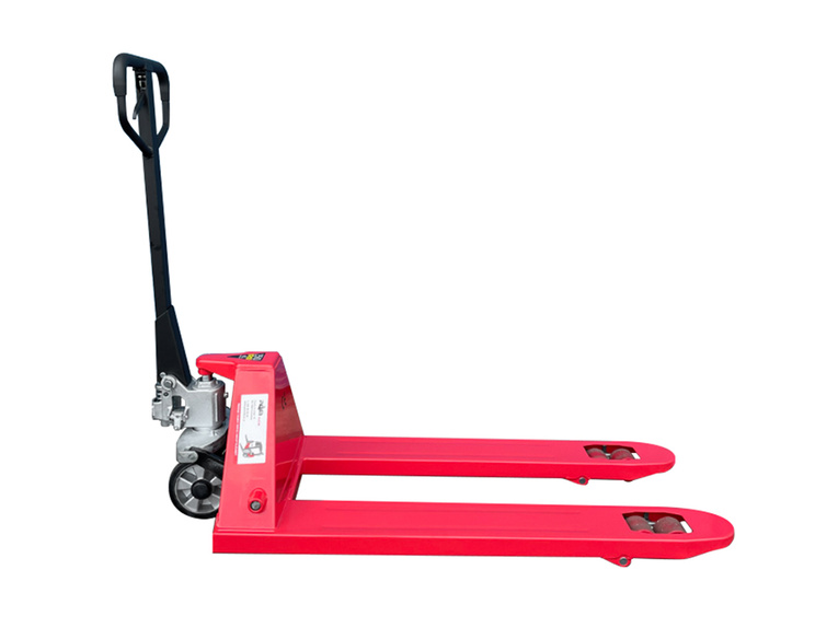 Ročni paletni viličar HPT25 PREMIUM, pripravljen za premikanje težkih bremen.