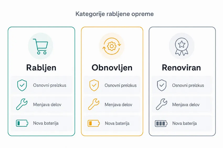 Primerjava kategorij viličarjev: rabljen, obnovljen in renoviran stroj.